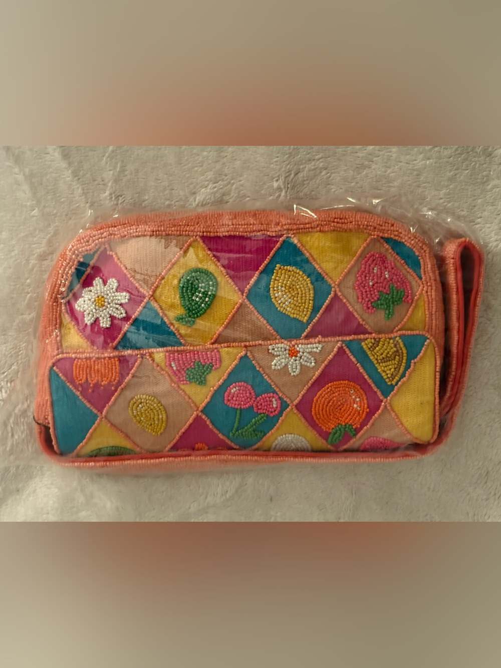 TJMaxx Viral Beaded Bag -Fruit Pattern Foldover Shoulder Bag in Pink multi color